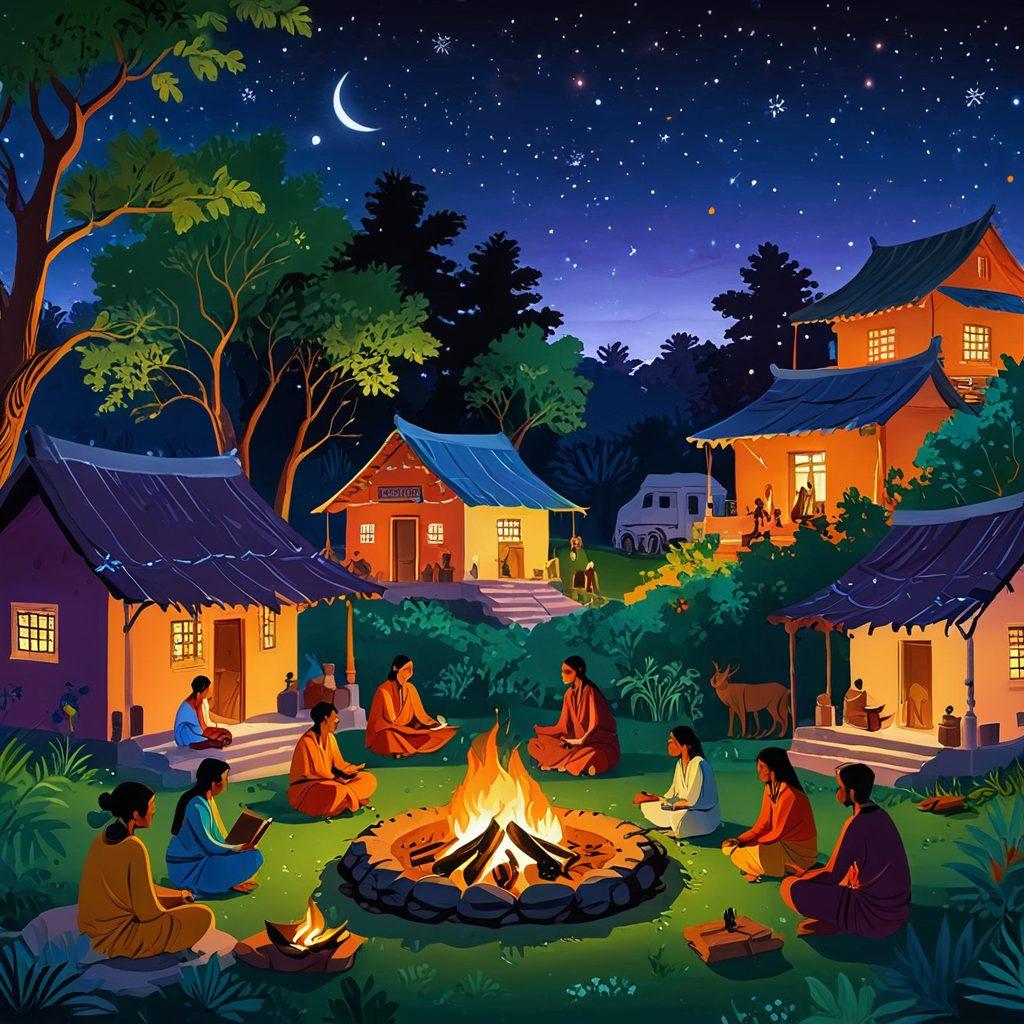 A lively and colorful scene depicting a traditional Indian village with storytelling around a bonfire, ancient manuscripts, and digital devices like tablets and laptops blending seamlessly. Characters in traditional attire sharing folklore, all within a vibrant, mystical backdrop integrating timeless heritage with modern elements. illustration style. vibrant colors.