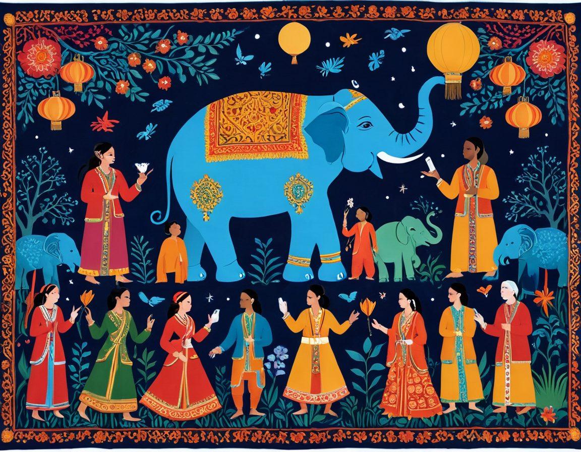 A vibrant tapestry depicting a diverse group of storytellers from different South Asian regions, each sharing folktales surrounded by colorful symbols of their cultures like elephants, lanterns, traditional dresses, and intricate patterns. The backdrop transitions into a digital world with laptops, tablets, and smartphones, symbolizing the evolution of folktale narration in the internet age. painting. vibrant colors. cultural blend.